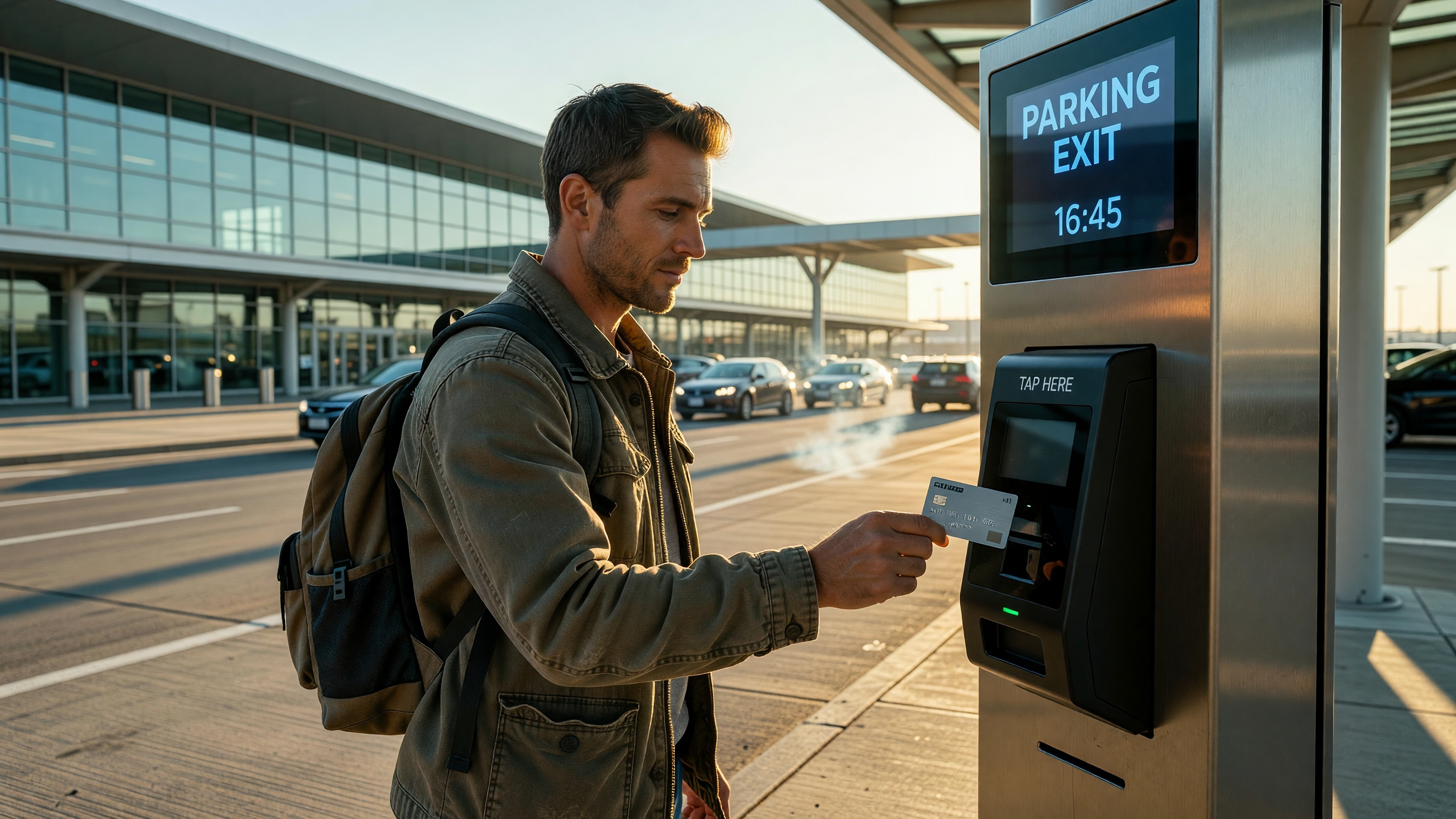 Airport economy parking lot exit lanes with multiple automated pay-on-exit kiosks under clear summer sky