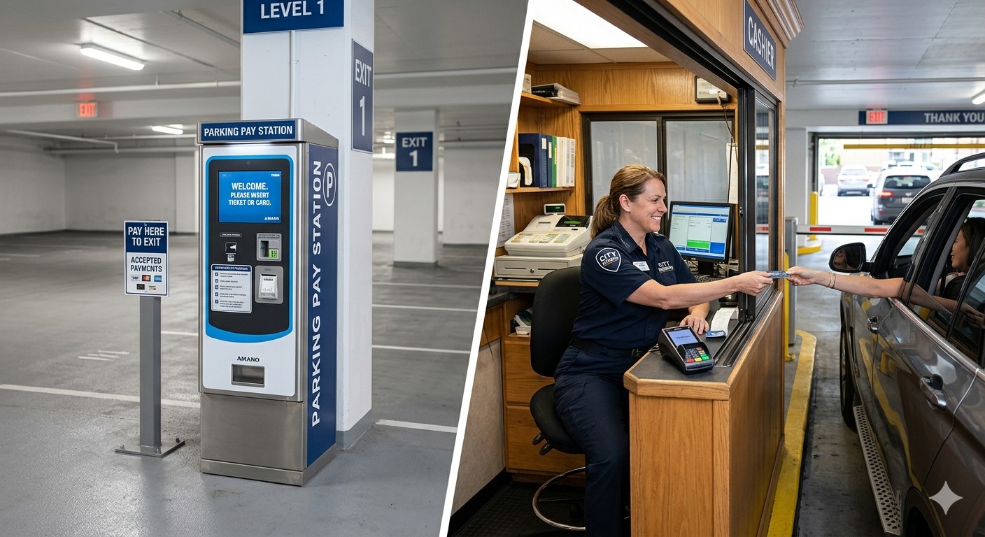 Split image showing an automated parking payment kiosk on the left and a staffed parking booth on the right