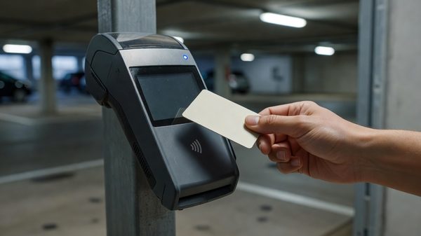 Contactless card being presented to a payment terminal at a parking facility