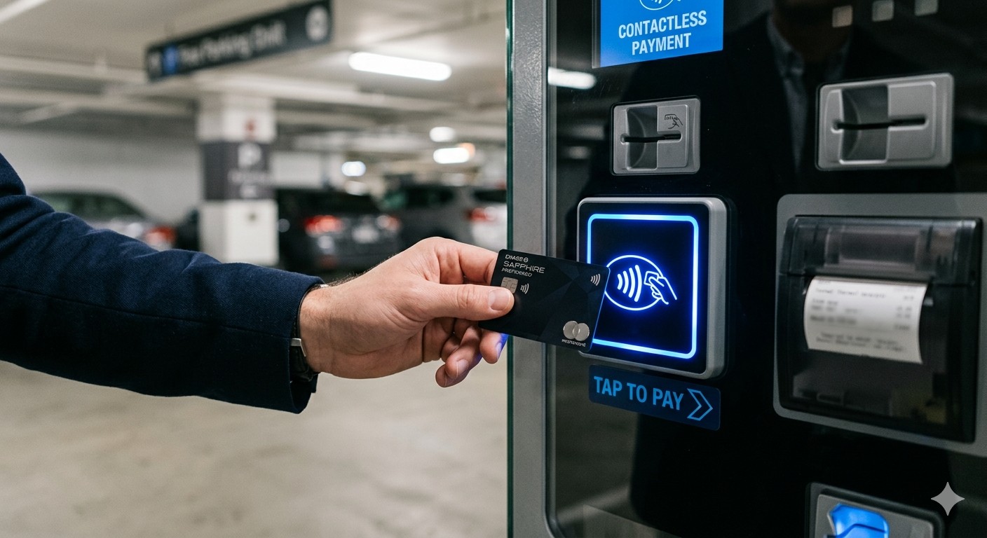 Close-up of a contactless payment terminal on a parking pay station showing the tap-to-pay symbol