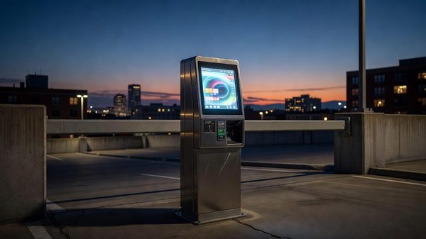 Parking pay station with a payment screen at a garage entrance