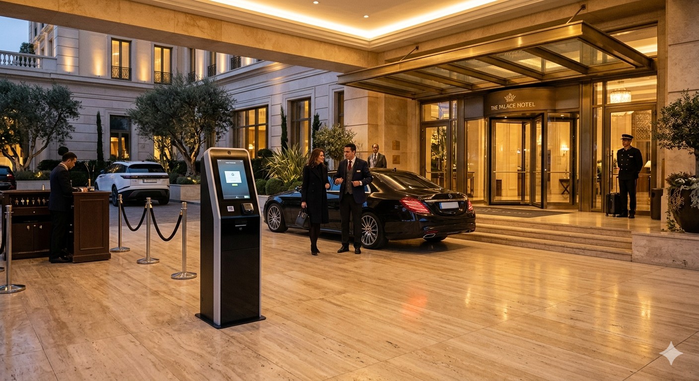 Hotel entrance with covered valet area and modern parking payment kiosk next to check-in lobby