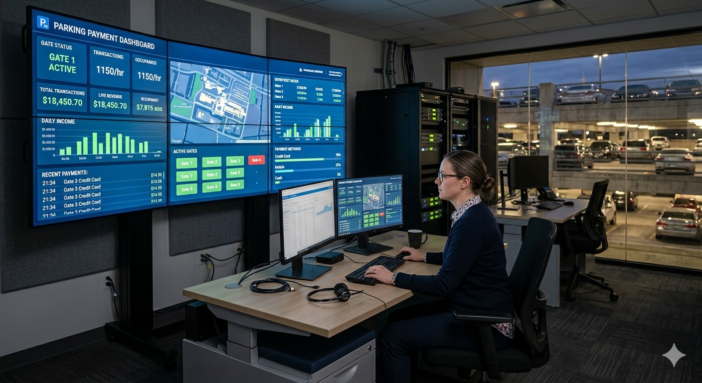 Diagram showing the data flow between parking entry devices, payment stations, and cloud management platforms