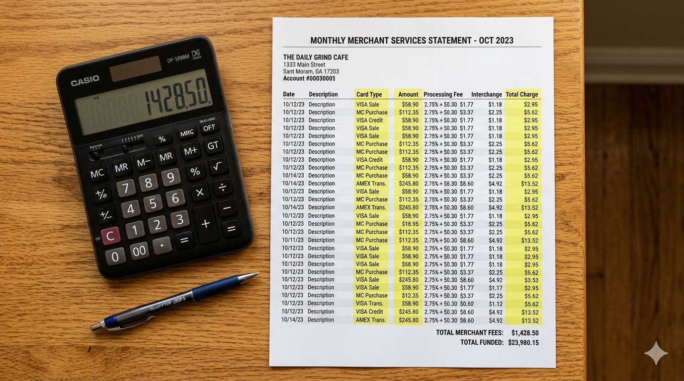 Parking operator reviewing merchant statement with card transaction fee breakdown