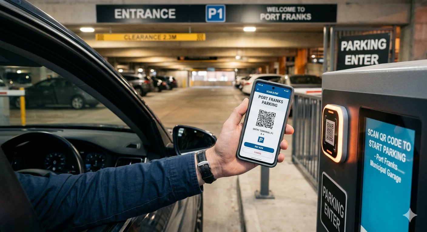 Driver using a smartphone to scan a QR code at a parking pay station for mobile payment