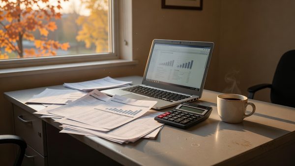 Parking garage payment office desk with statements, a laptop, and a calculator
