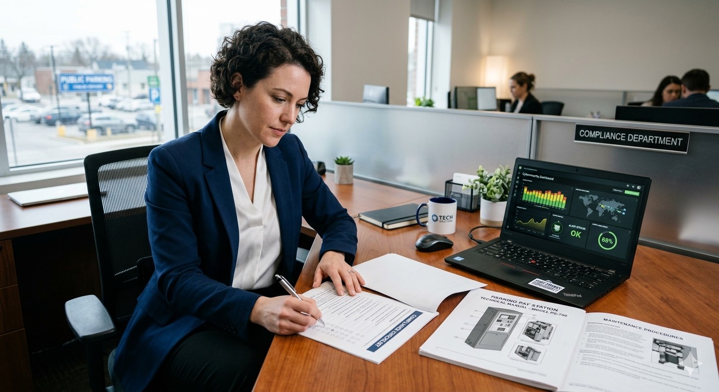 Parking pay station with secure payment terminal displaying chip card reader and contactless tap symbol